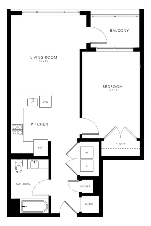 Floor plan for 1 bed, 1 bath, 637 sqft